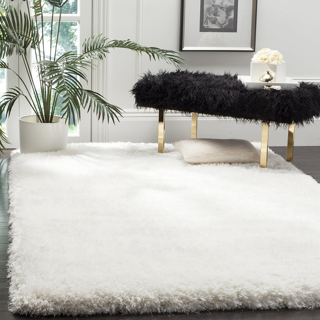 Luxe Shag Collection Area Rug - 6' Square, Ivory, Handmade Glam, 3.2-inch Thick Ideal for High Traffic Areas (SGX160A)