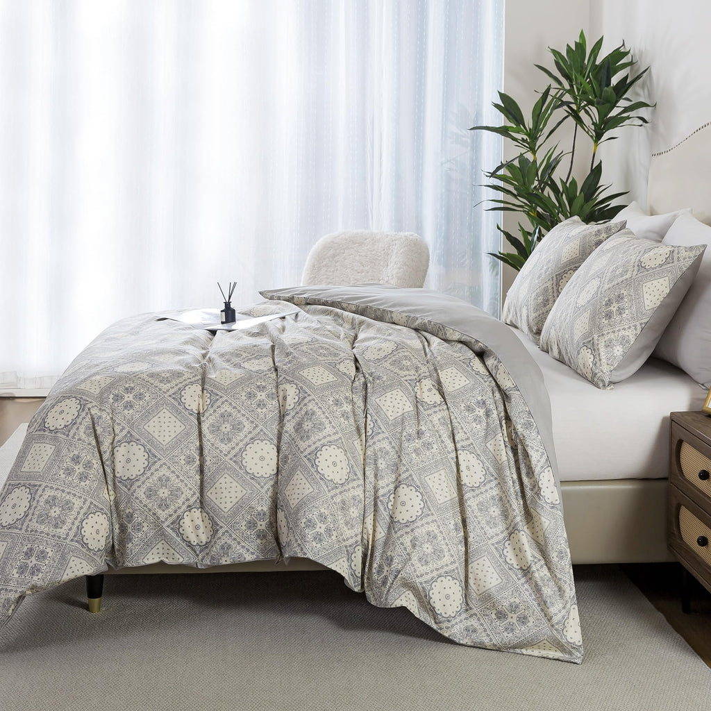 Duvet Cover King Size - 100% Cotton Comforter Cover, Checked Bed Linen Sets with Zipper Closure and Corner Ties