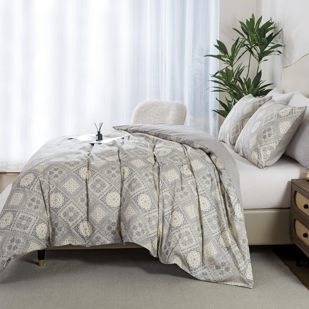 Duvet Cover King Size - 100% Cotton Comforter Cover, Checked Bed Linen Sets with Zipper Closure and Corner Ties