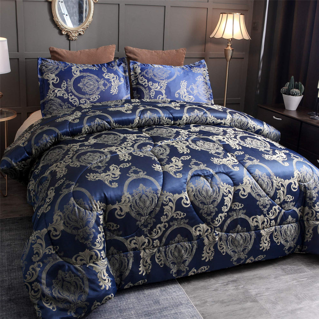 Comforter Set Silk Blanket All Season Bed Comforter Set Royal Blue Jacquard Quilt Soft Microfiber Bedding