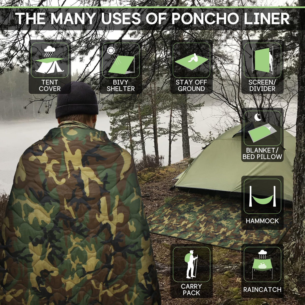 Woobie Blanket, Military Poncho Liner Camo Insulated Camping Woobie Blanket for Outdoor Hiking Survival Hunting