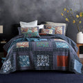 King Quilt Sets, 100% Cotton Quilts King Size, Navy Bedspreads, Patchwork with Retro Paisley Patterns, 3-Piece