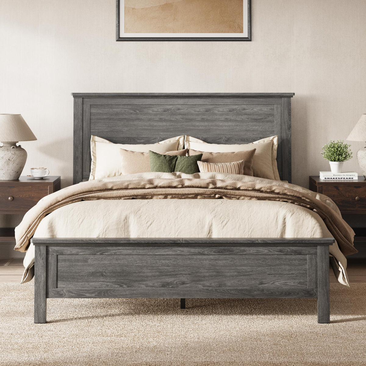 Farmhouse Platform Bed Frame with Headboard, Gray