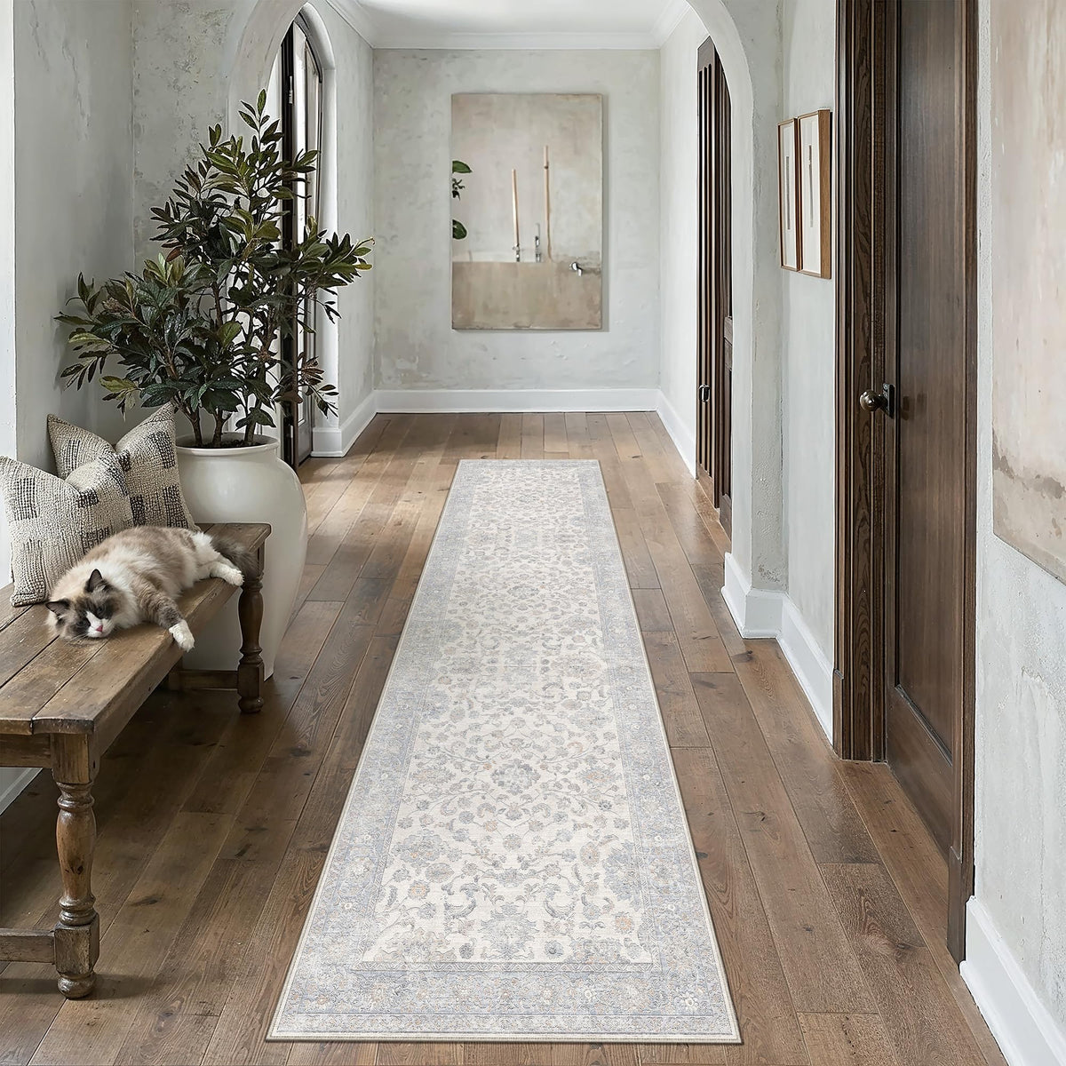 2x10 Blue Runner Rug Neutral Floral Carpet