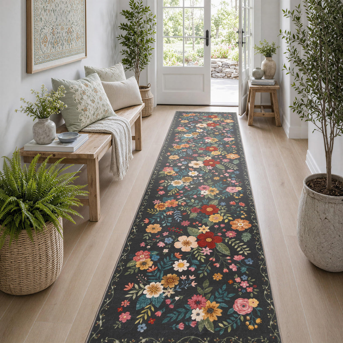 Floral Runner Rug, Washable Rug, Black