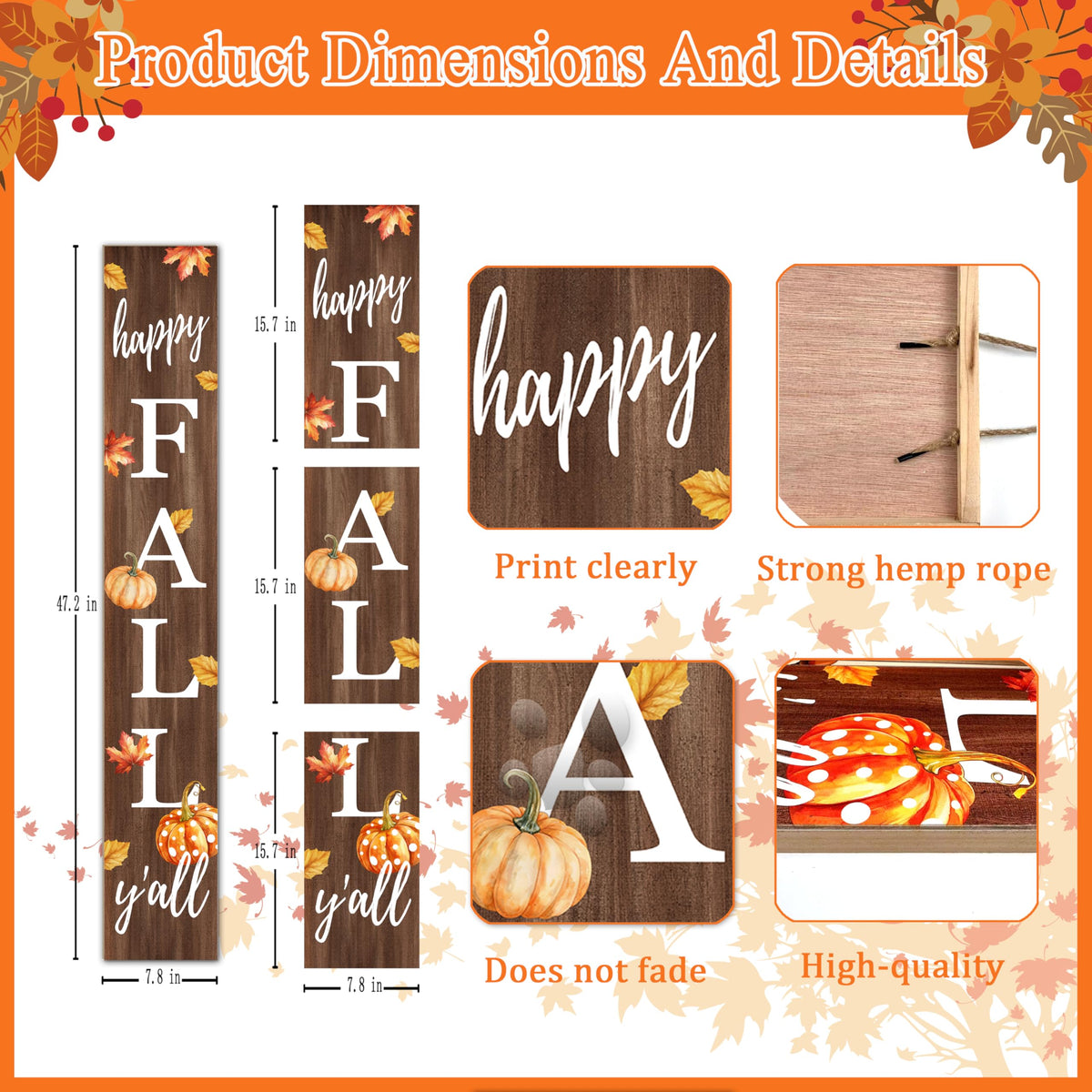 Happy Fall Porch Sign 47" Autumn Pumpkin Front Door Vertical Wooden Welcome Signs Front Door Decorate For Garden Home