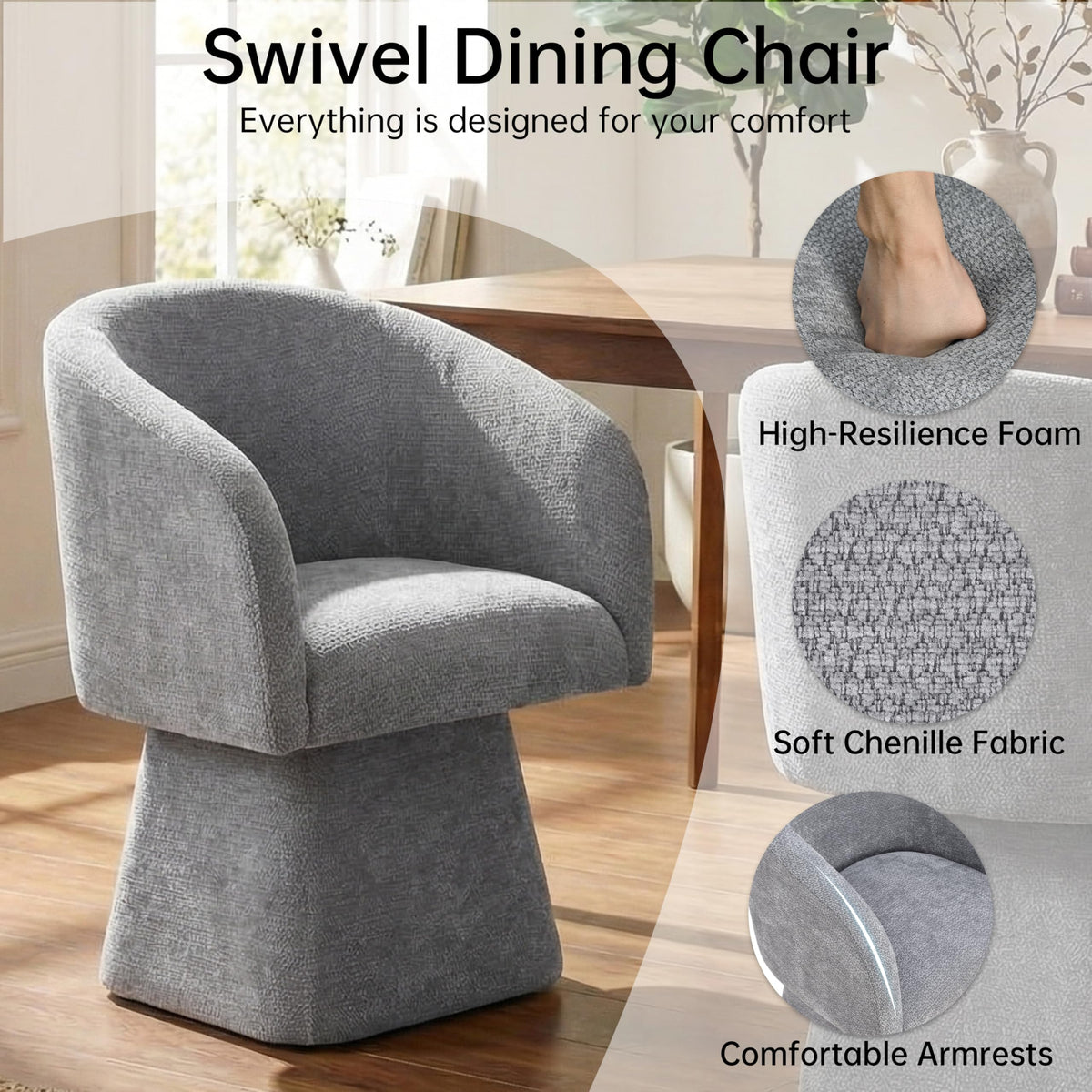 Upholstered Swivel Dining Chair with Barrel Back and Armrests