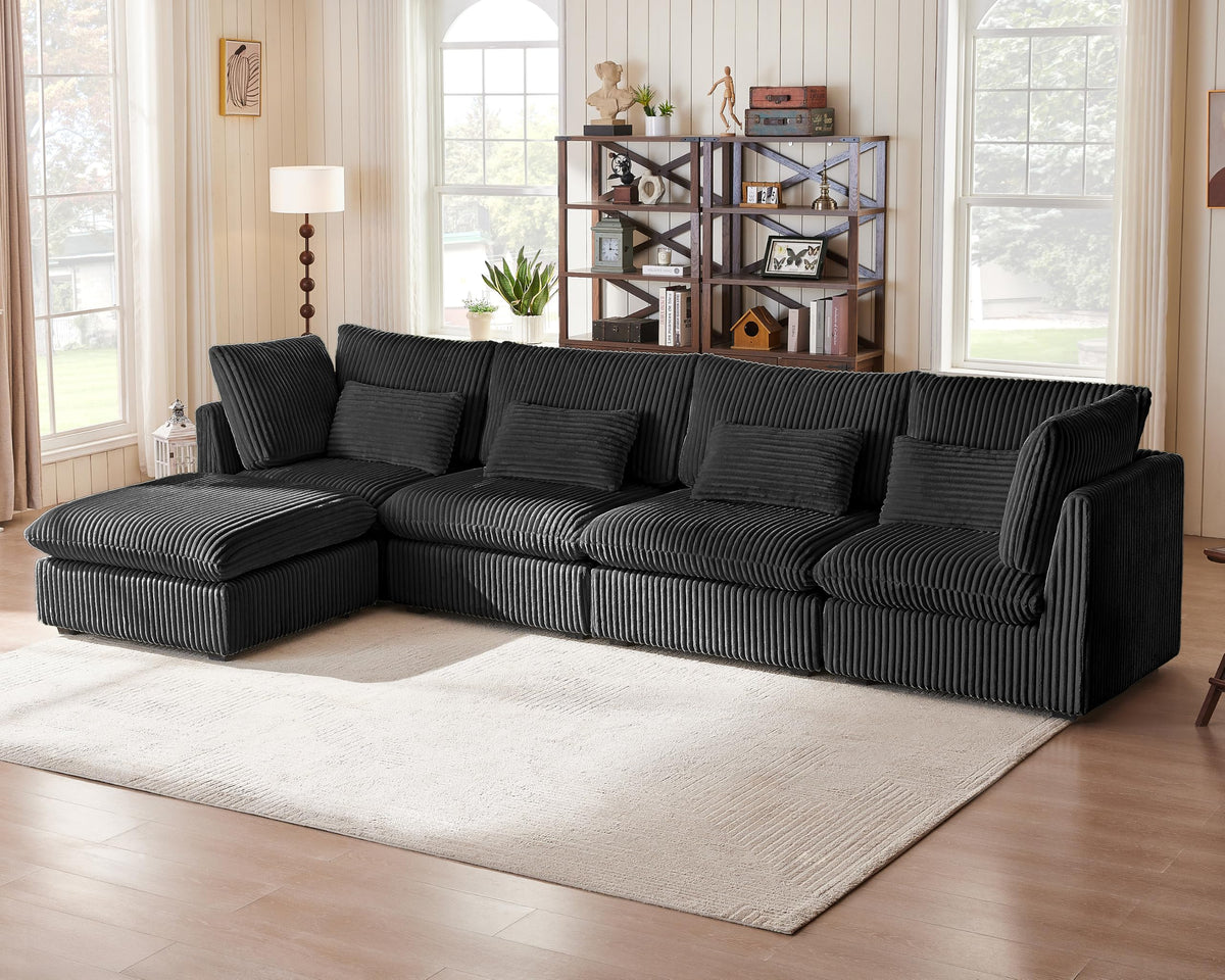 154" Oversize Corduroy Modular Sectional Sofa Couches, Black