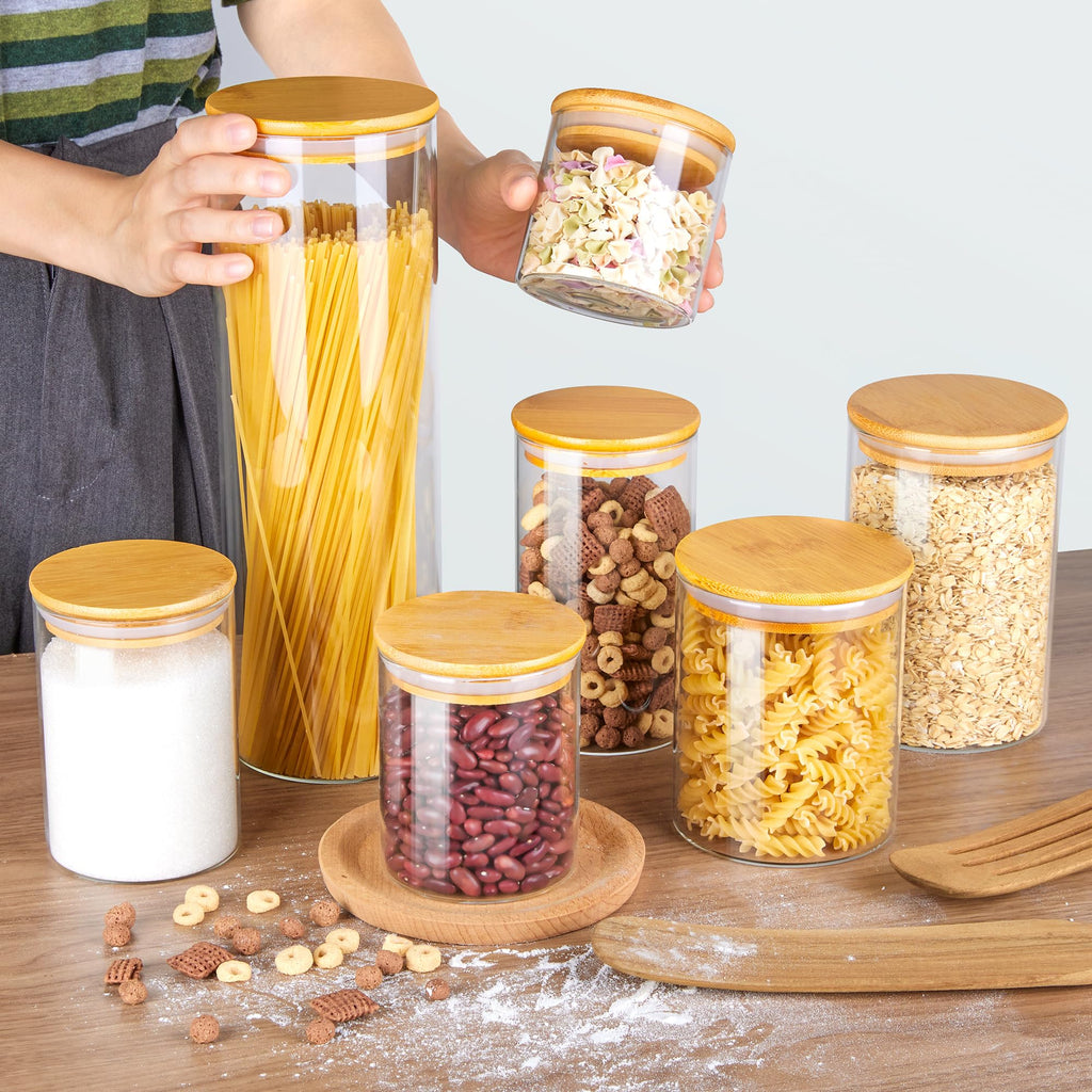 Glass Food Storage Jars, 7 Pack Kitchen Containers with Airtight Bamboo Wooden Lids for Pasta, Cookies, Nuts, Coffee