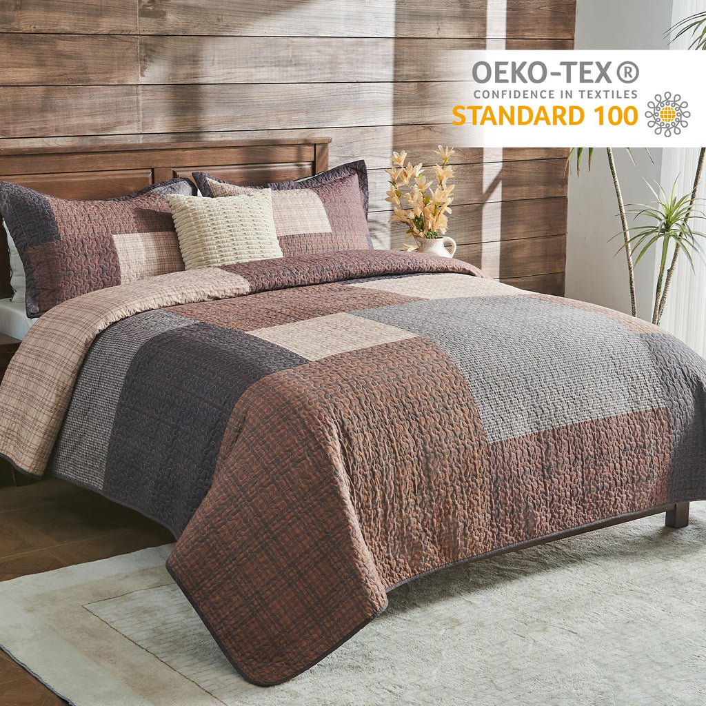 100% Cotton Quilt Set, Farmhouse Plaid Quilted Bedspread, Brown Lightweight Reversible Comforter Bedding