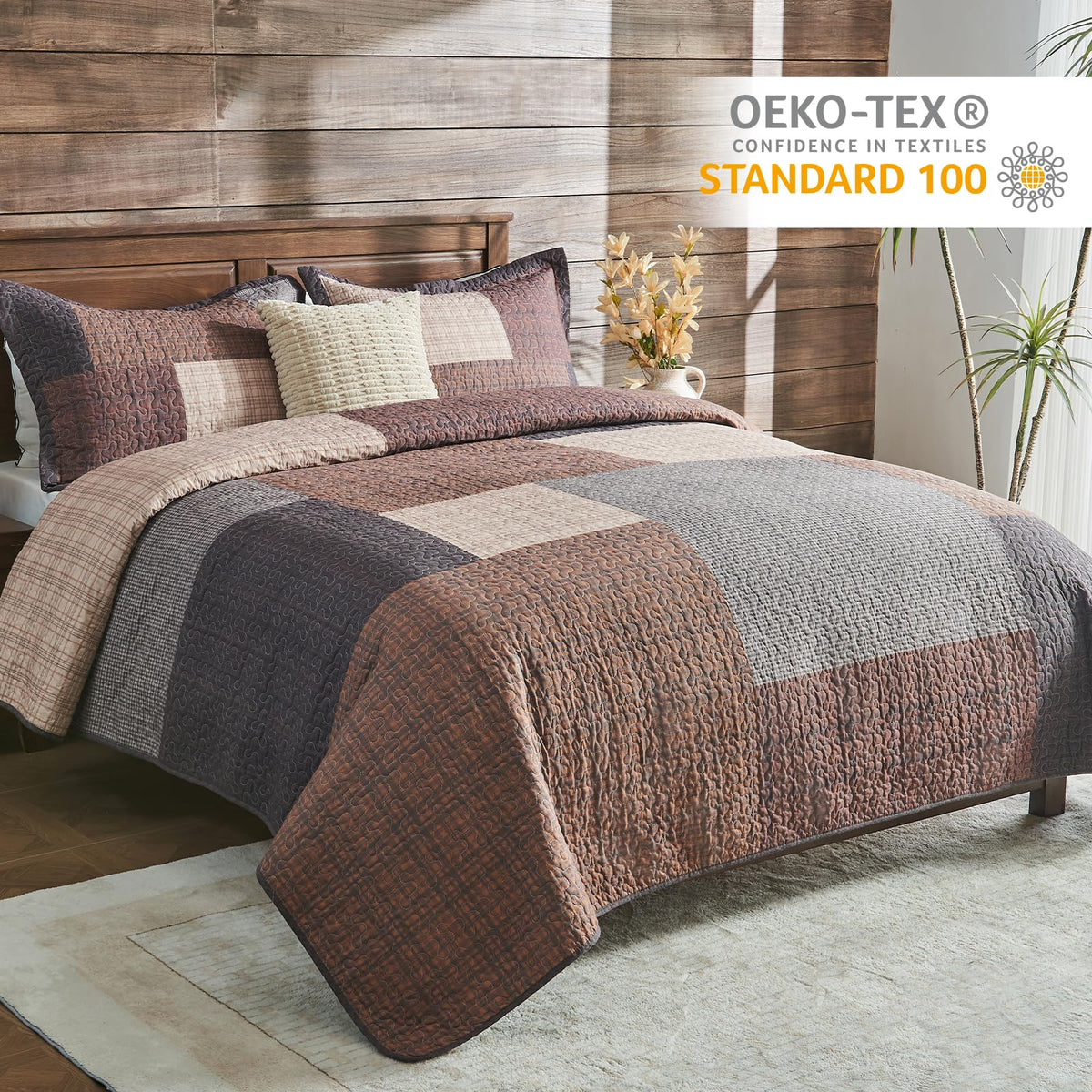 100% Cotton Quilt Set, Farmhouse Plaid Quilted Bedspread, Brown Lightweight Reversible Comforter Bedding