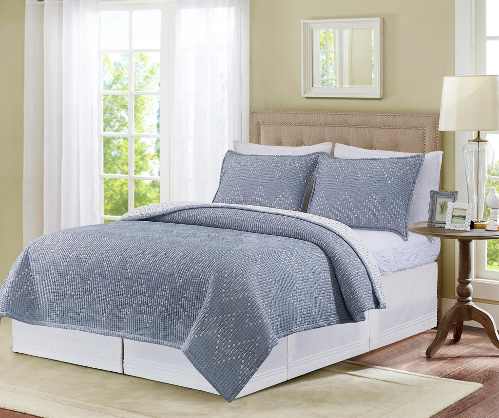 Chambray Maya Jacquard 3-Piece Cotton Bedding Quilt Set Everyday All Seasons Reversible Machine Washable