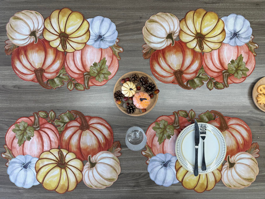 Fall Placemats Set of 4, 13x19 Inch Autumn Pumpkin Cutwork Embroidered Placemats, Harvest Thanksgiving Table Decor