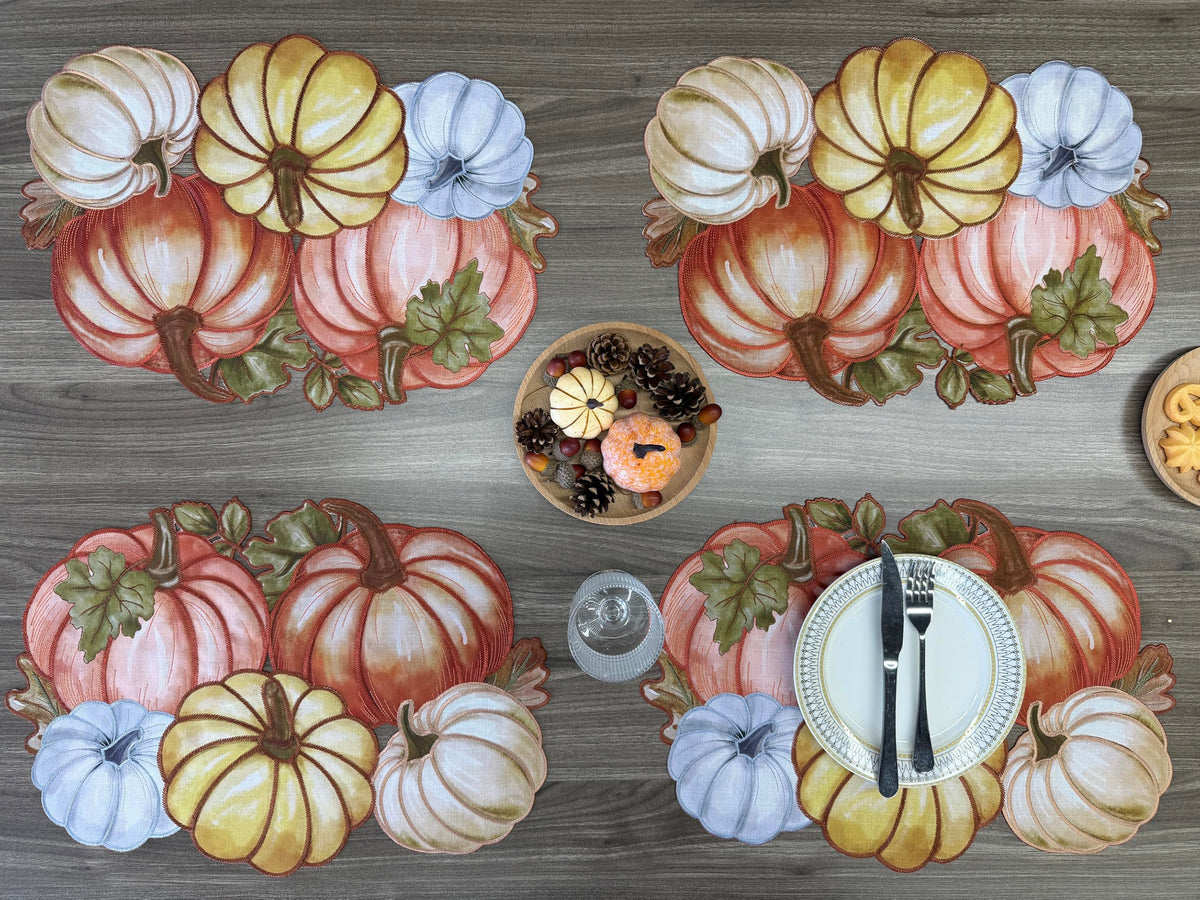 Fall Placemats Set of 4, 13x19 Inch Autumn Pumpkin Cutwork Embroidered Placemats, Harvest Thanksgiving Table Decor
