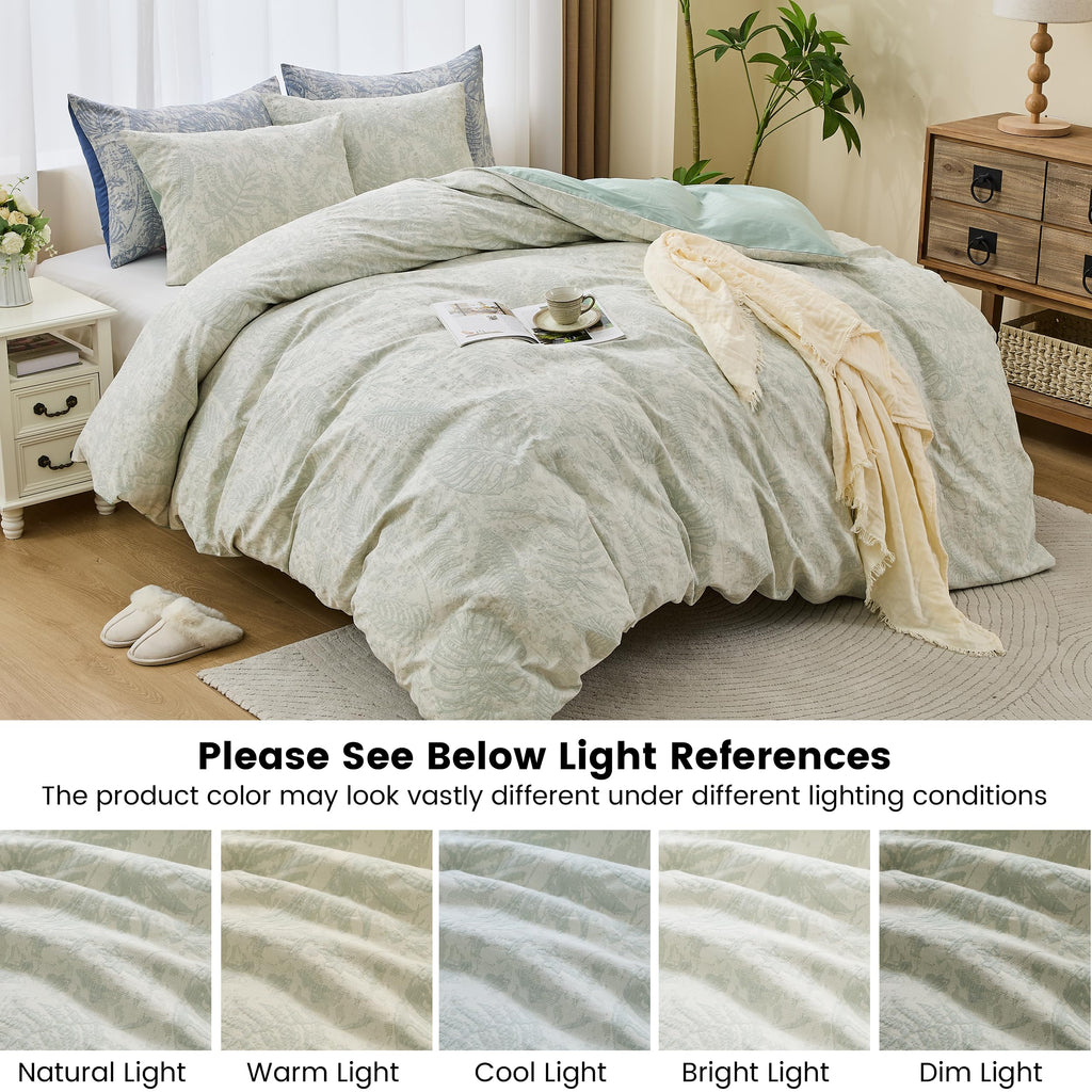 Jacquard Floral Duvet Cover Set 3 Pcs, 100% Cotton Muslin Yarn-Dyed Textured Bedding Set with Button Closure Soft