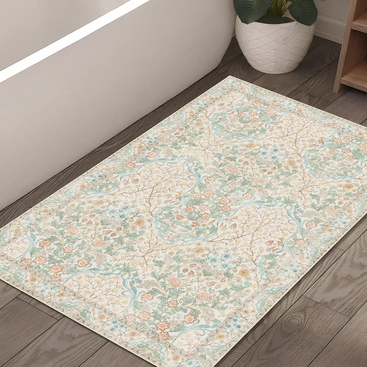 Washable Rug,Floral Area Rugs for Bathroom Entryway Entry Bedroom Bedside,Boho Front Door Mat Indoor Entrance Throw Carpet Botanical Vintage Non Slip Ultra-Thin