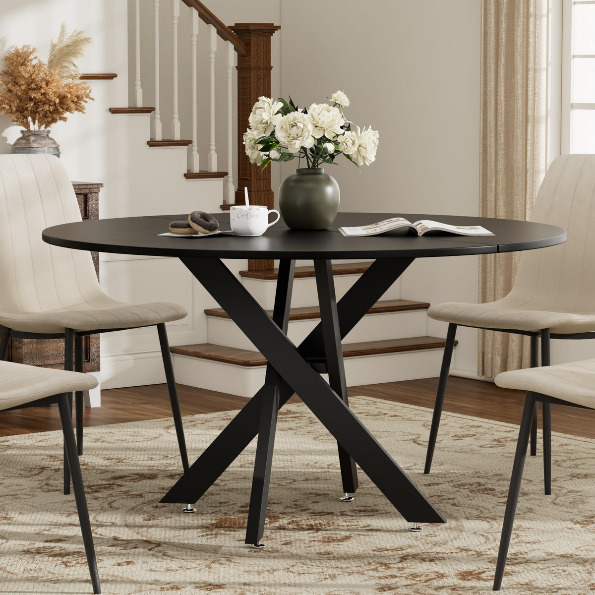 Inspired Saarinen Style 47" Modern Round Kitchen Table for 2-6, Save Space Black Wooden Circle Dining Table with Wooden Table Top &