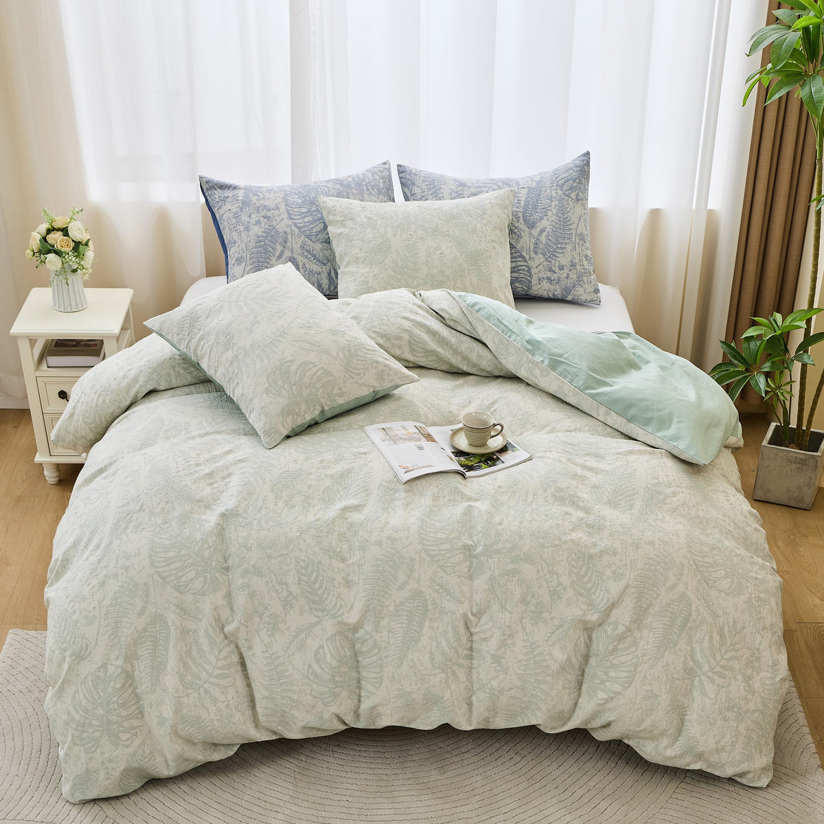 Jacquard Floral Duvet Cover Set 3 Pcs, 100% Cotton Muslin Yarn-Dyed Textured Bedding Set with Button Closure Soft