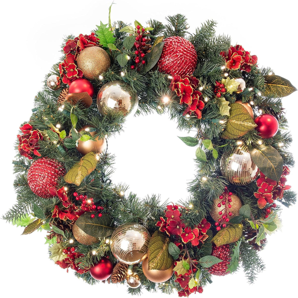 30 Inch Pre-Lit Artificial Christmas Wreath, Scarlet Hydrangea