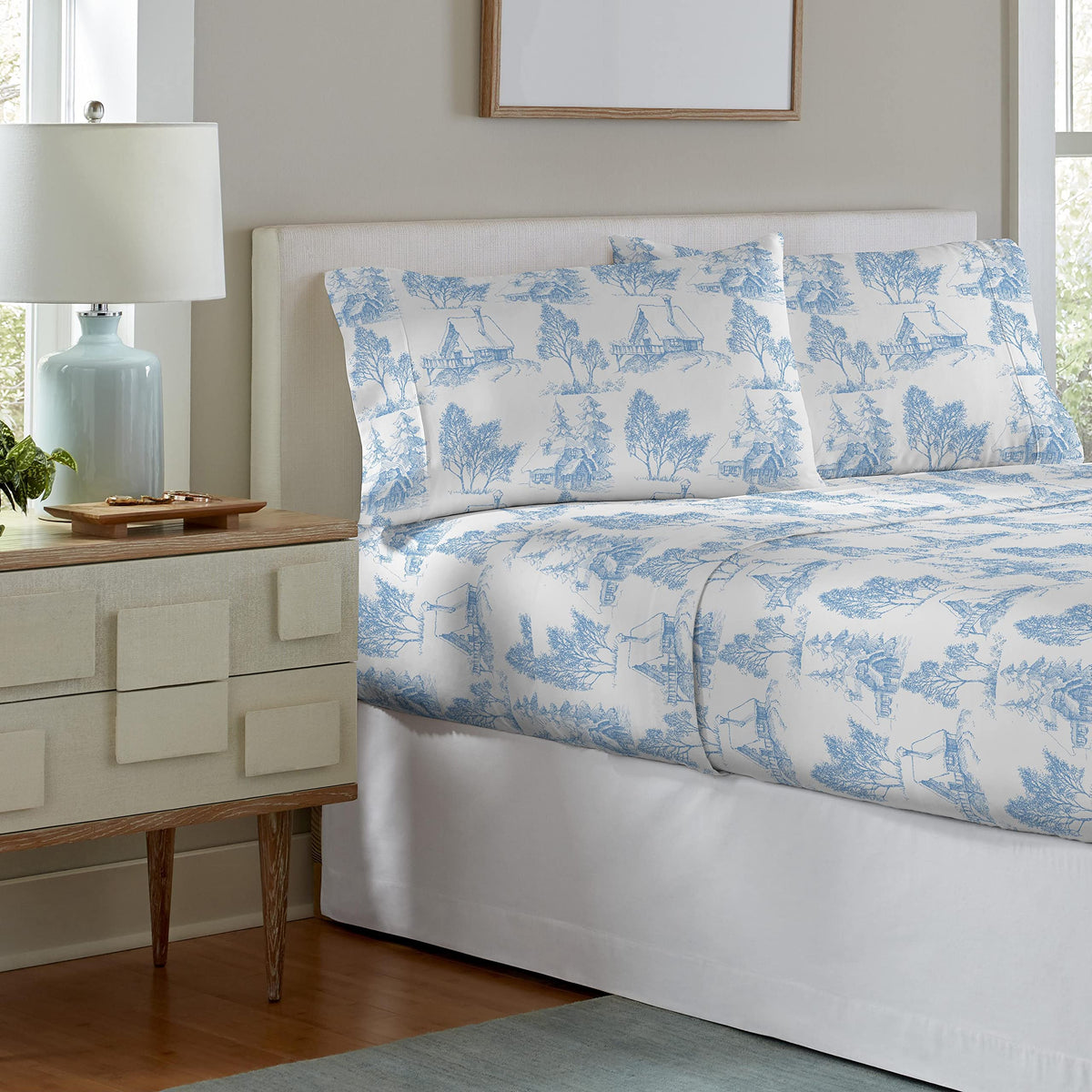 180 GSM 100% Cotton Flannel Sheet Set - Scenic Toile Blue - Warm & Cozy - Pre-Shrunk -Deep Pockets - Elastic