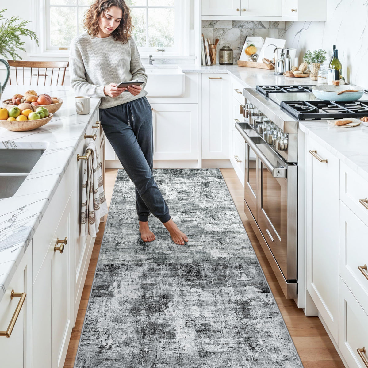 3x12 ft Long Hallway Runner Rug - Non-Slip Washable Kitchen Rug with Rubber Backing, Modern Abstract Neutral Thin Low