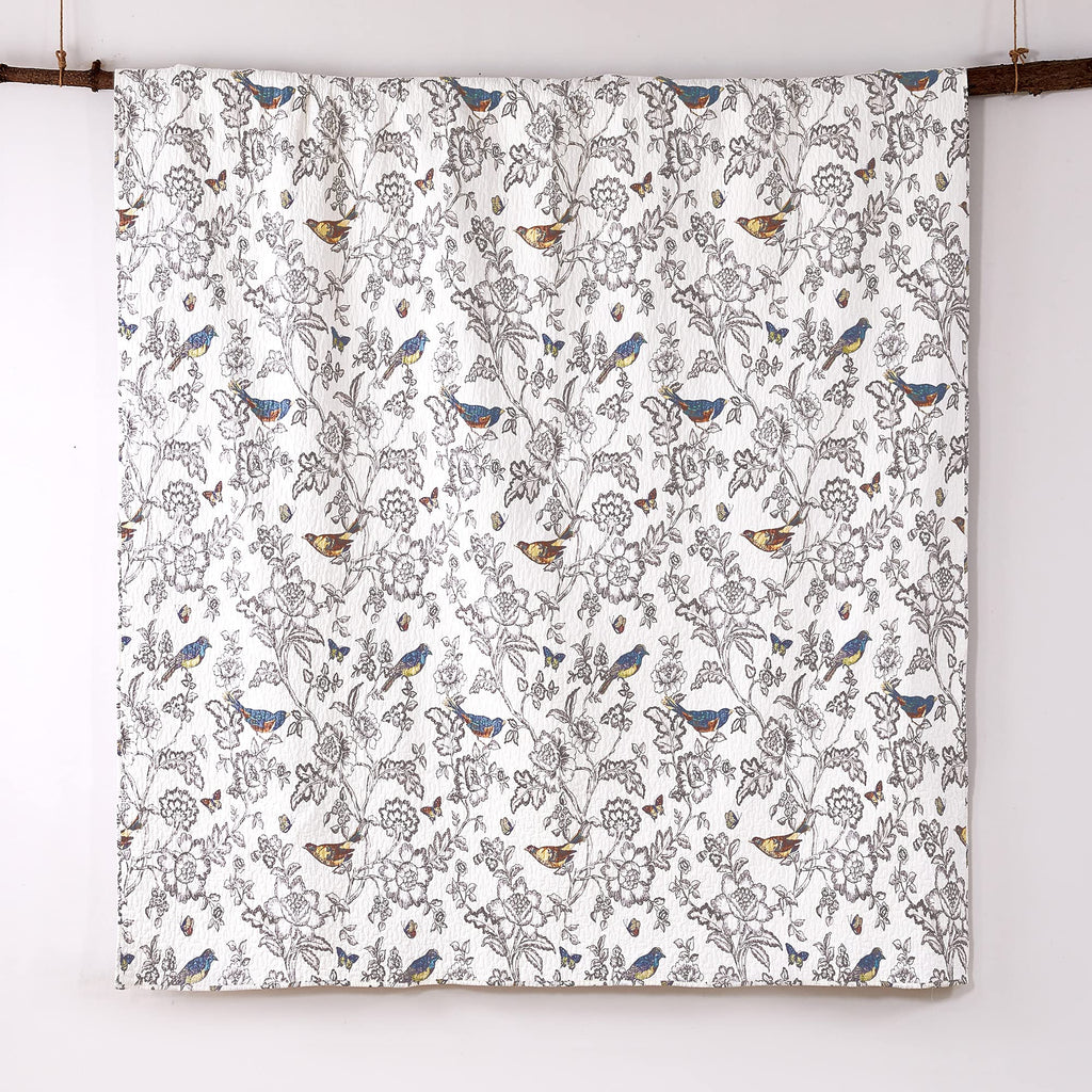 Mockingbird Quilt Set - Quilt 68x86in. + One Standard Pillow Sham 26x20in. - Grey Toile with Birds and