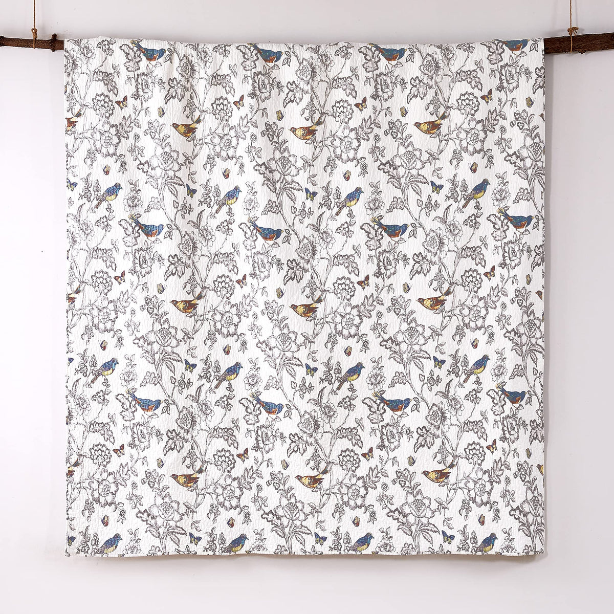 Mockingbird Quilt Set - Quilt 68x86in. + One Standard Pillow Sham 26x20in. - Grey Toile with Birds and