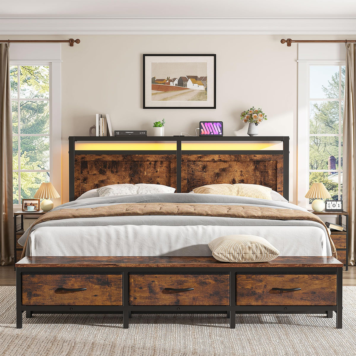 Bed Frame with Ottoman & Charging Station, Rustic Brown