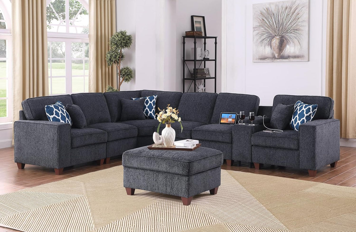 Ball & Cast 127" L-Shaped Sectional Couch with Movable Ottoman & 6 Throw Pillow,7 Seat Chenille Upholstered Sofa W/ 2