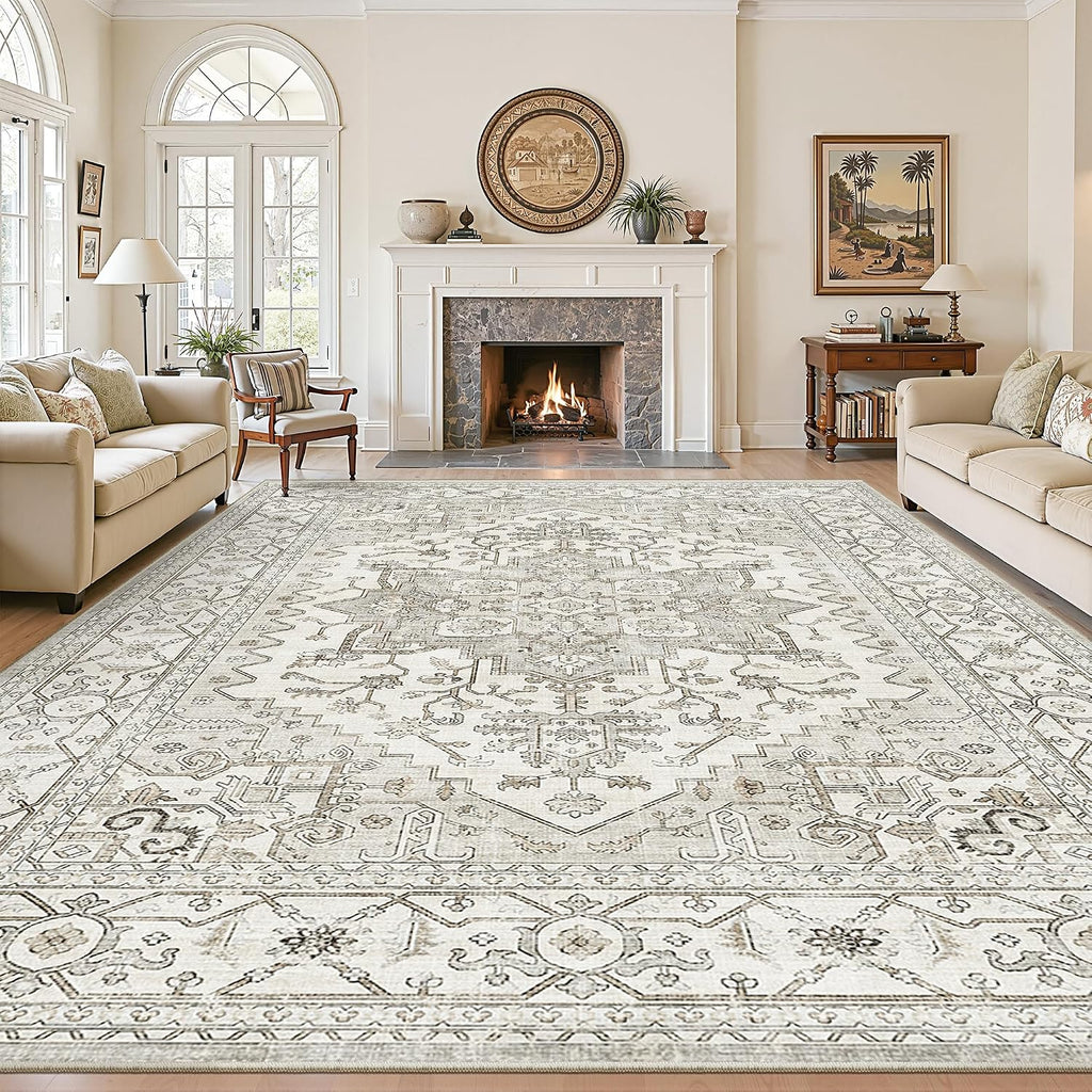 Living Room Area Rugs, Large Neutral Beige Carpet Vintage Soft Rugs