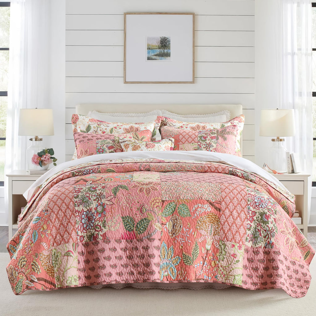 Cotton Patchwork Bedspread, 3-Piece Bedding Quilt Set with Real Stitched Embroidery, Reversible Matelasse Bed