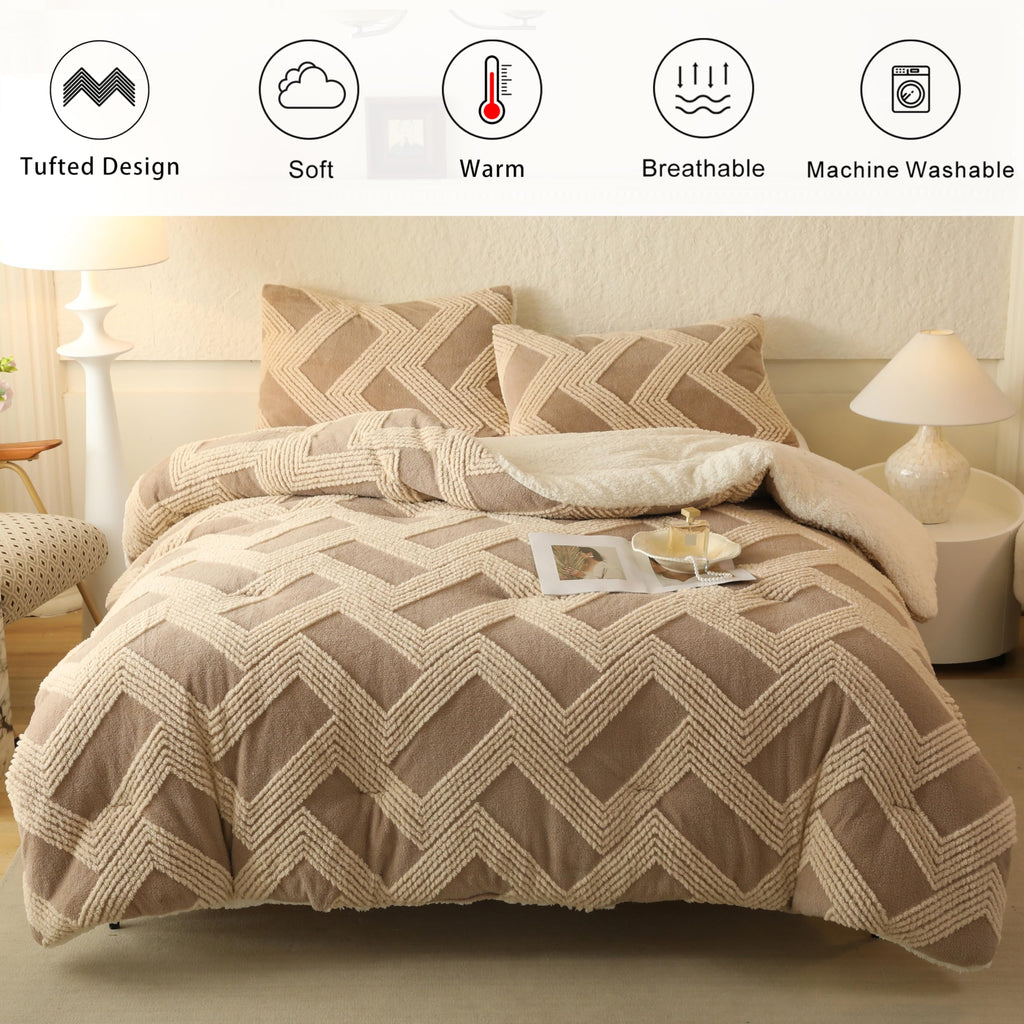 Tufted Boho Comforter Set Queen - Beige Fluffy Sherpa Bedding Set, Soft Fuzzy Jacquard Quilt Set, 3 Pieces Cozy Bed