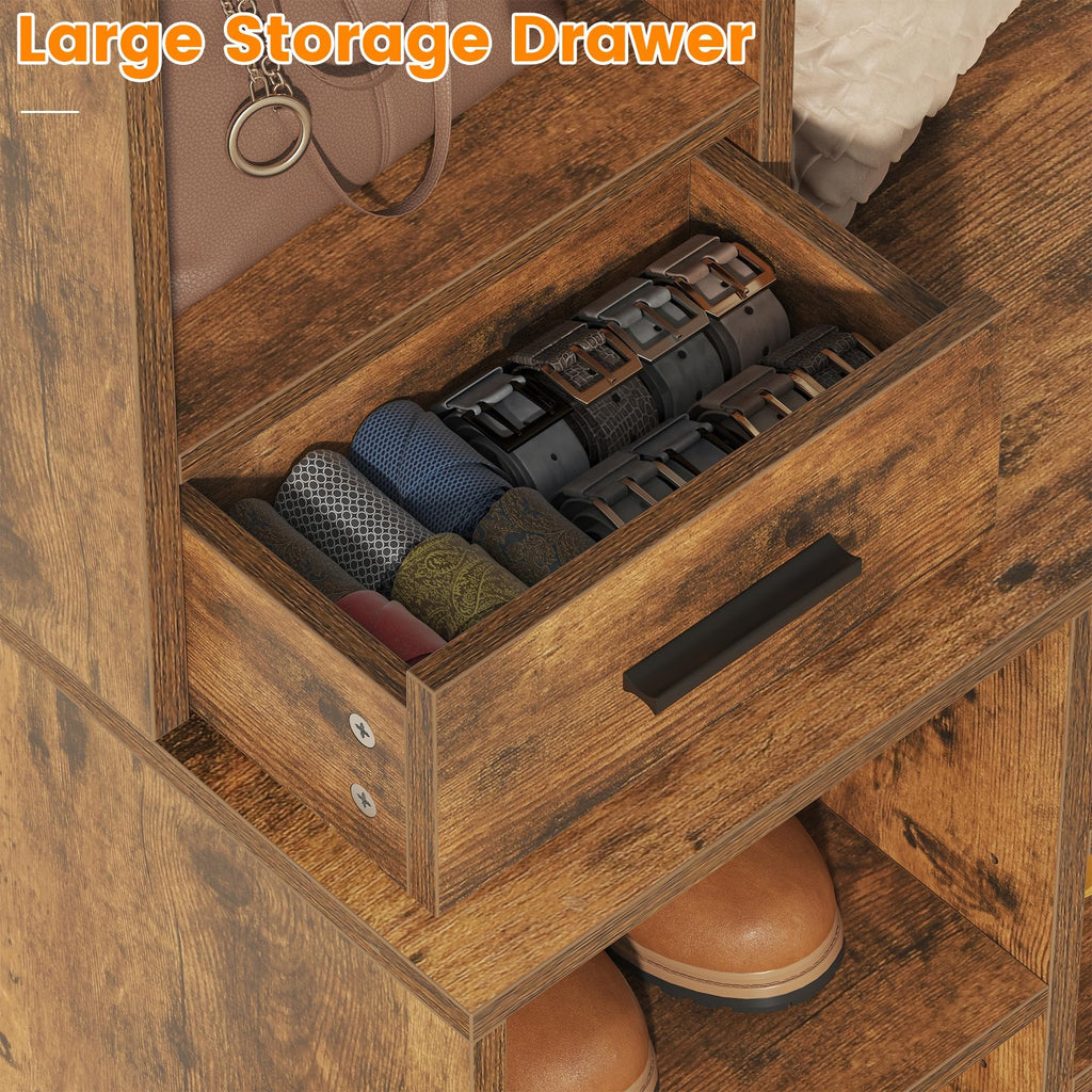 61.6" Farmhouse Hall Tree with 2 Independent Drawers, 6-in-1 Entryway Bench with Coat Rack Adjustable Shoe Storage for