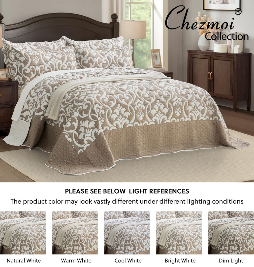 Oversized Bedspread 128x120, Jacquard Matelasse Floral Damask Design, 5-Piece Lightweight Reversible Microfiber