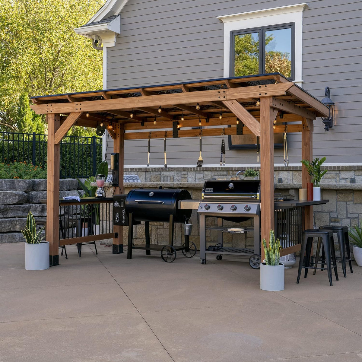 Saxony XL 12' x 6' Cedar Wood BBQ Grill Gazebo Pavilion with Hardtop Galvanized Steel Roof, Bar Tops, Powerport