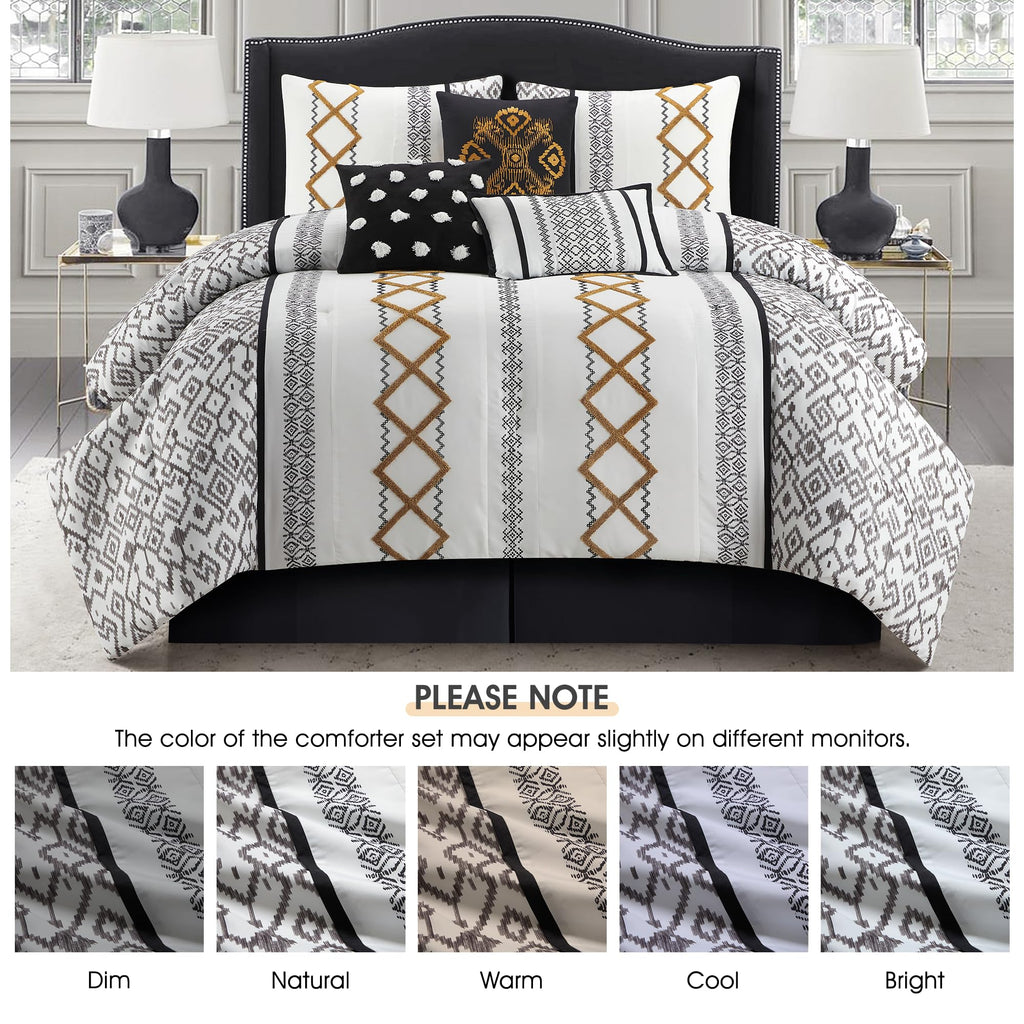 Black Gold Comforter Set, 7 Pieces All Season Bedding Sets in a Bag with Geometric Terry Embroidered Comforter
