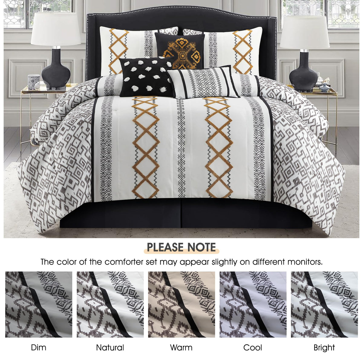 Black Gold Comforter Set, 7 Pieces All Season Bedding Sets in a Bag with Geometric Terry Embroidered Comforter