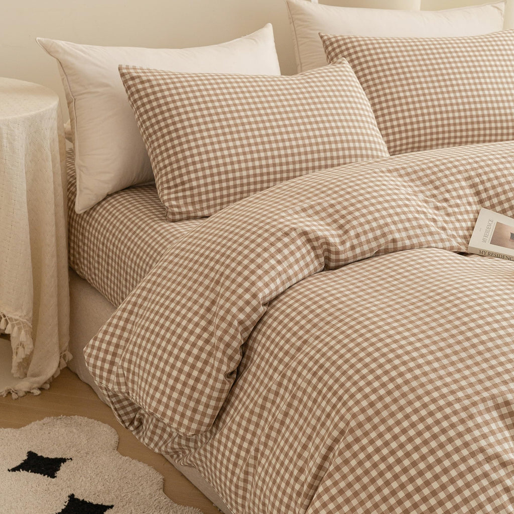 Cotton 3 Pcs Duvet Cover Set Linen Feel Beige Gingham King