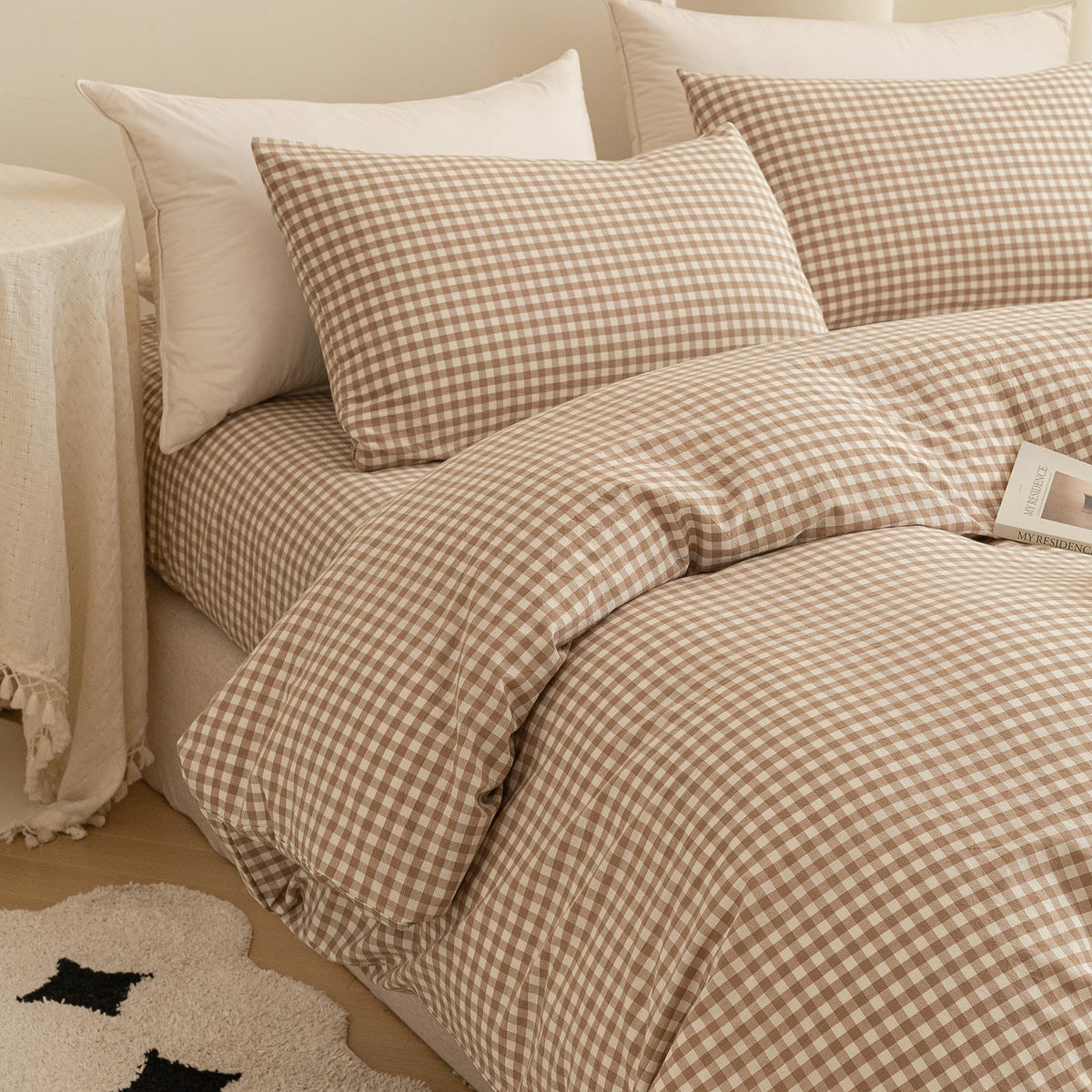 Cotton 3 Pcs Duvet Cover Set Linen Feel Beige Gingham King