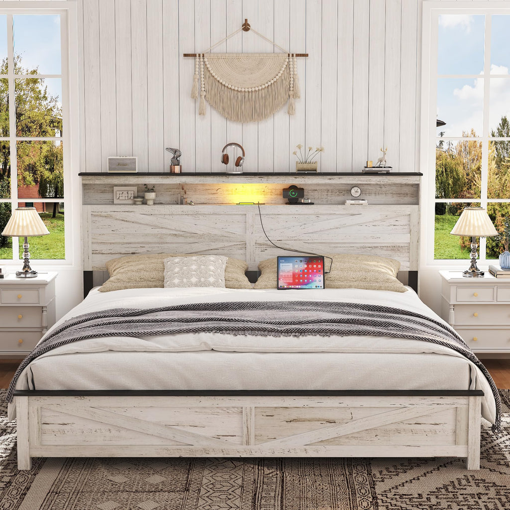 Farmhouse Wooden Bed Frame with Storage Headboard