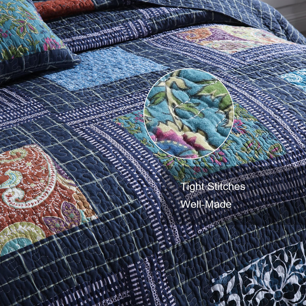 King Quilt Sets, 100% Cotton Quilts King Size, Navy Bedspreads, Patchwork with Retro Paisley Patterns, 3-Piece
