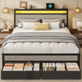 Bed Frame with Storage, Wood Headboard with Fast Charging Station, LED Lights, Platform Bed Frame
