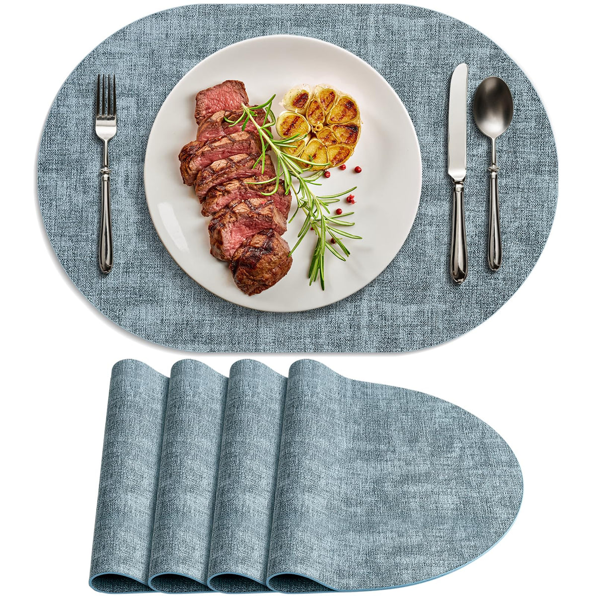 Faux Leather Oval Placemats Set of 4, Light Blue