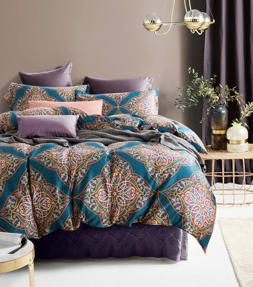 Venetian Damask Bohemian Paisley Duvet Cover Set Boho Chic Watercolor Medallion Egyptian Cotton Sateen Luxury