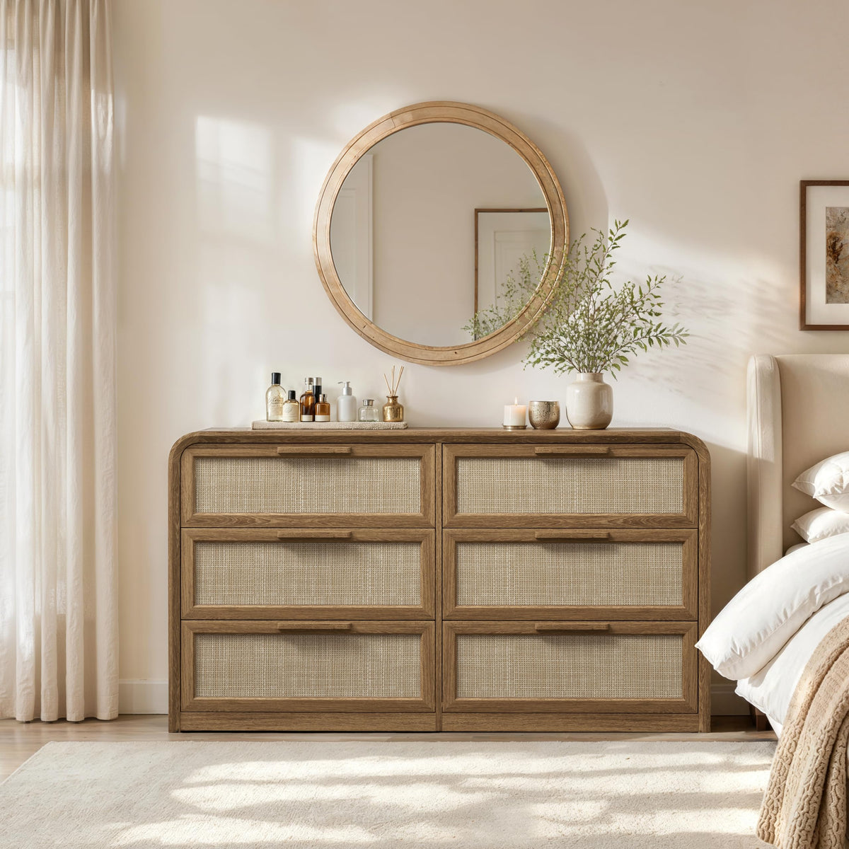 56.7" Curved 6 Drawer Rattan Dresser for Closet, Natural Oak | Wood Chest of Drawers Boho Bedroom Dressers, 1.2"