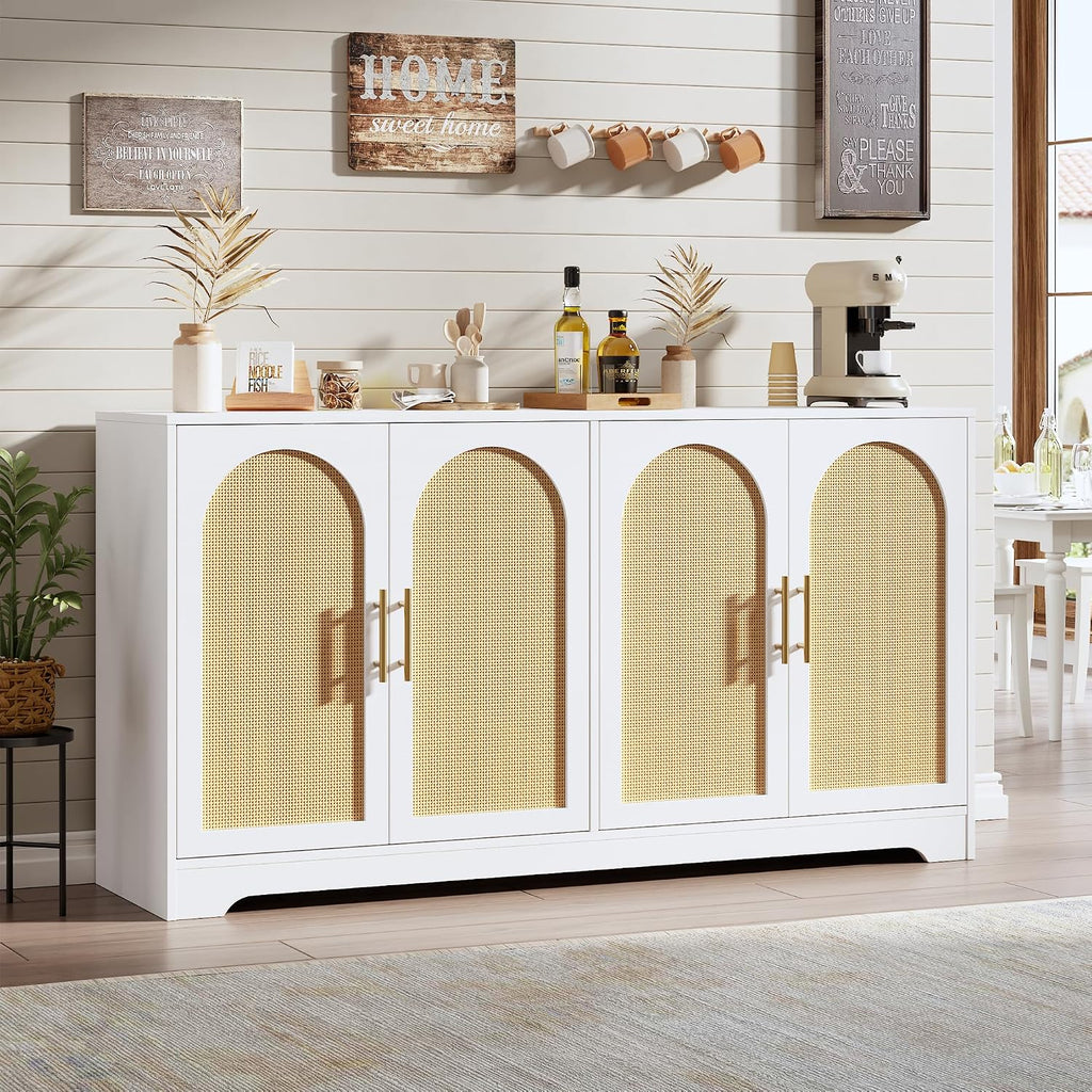 59" Rattan Sideboard Buffet Cabinet - Large Storage Cabinet with 4 Doors, Modern Console Table Accent Coffee Bar