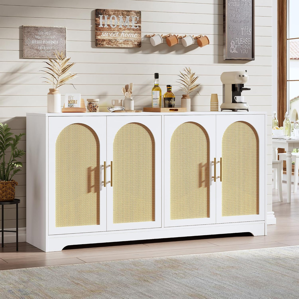 59" Rattan Sideboard Buffet Cabinet - Large Storage Cabinet with 4 Doors, Modern Console Table Accent Coffee Bar