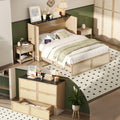 Queen Size Rattan Murphy Bed with Storage Drawer, 2 Charging Station, Boho, Hideaway Paltform Panel Bed for Small
