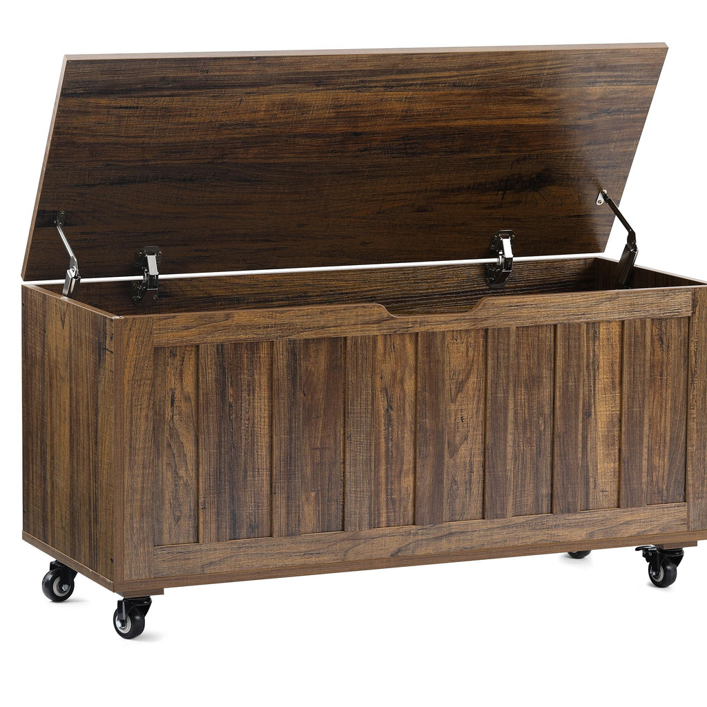 Storage Chest, 39.4'' Wooden Storage Bench with 4 Wheels & 2 Safety Hinges, Retro Toy Box Support 300 lbs, Easy