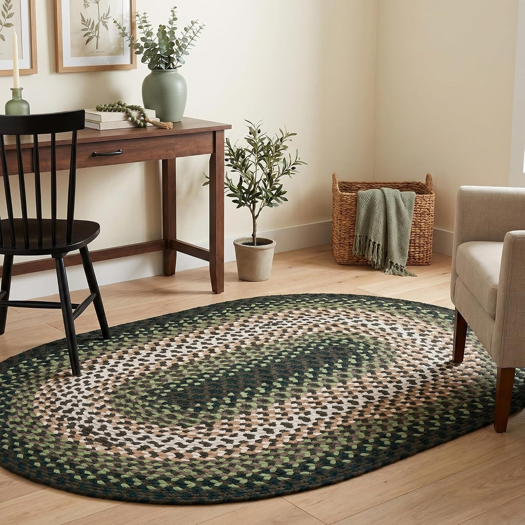 Oval Green - Ivory Oval Braided Rug for Farmhouse Style Bedrooms and Living Rooms